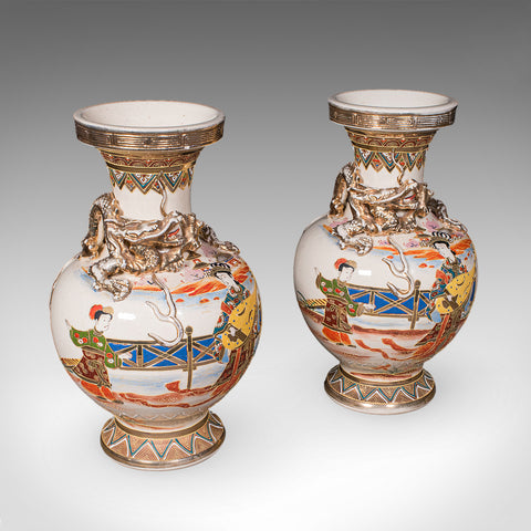 Pair of Antique Satsuma Vases, Japanese, Ceramic Baluster, Meiji, Late Victorian