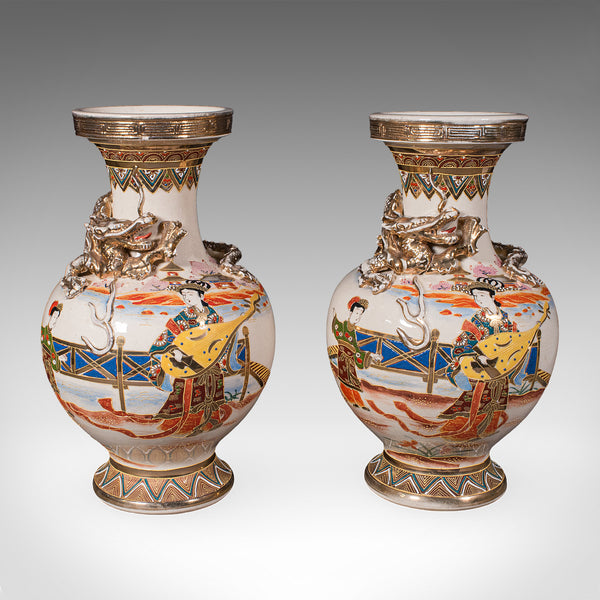Pair of Antique Satsuma Vases, Japanese, Ceramic Baluster, Meiji, Late Victorian