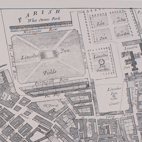 Vintage 18th Century Street Map, London, Lincoln's Inn, The Strand, Cartography