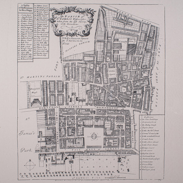 Vintage 18th Century Street Map, London, St James's Westminster, Cartography