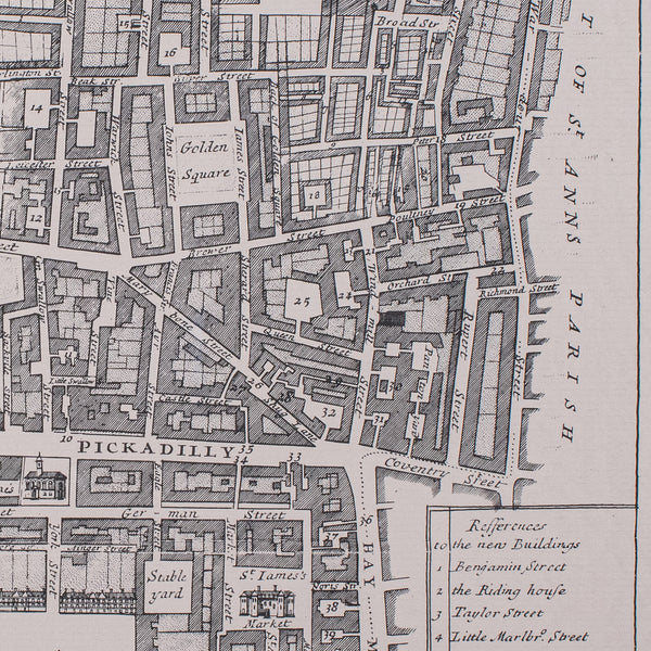 Vintage 18th Century Street Map, London, St James's Westminster, Cartography