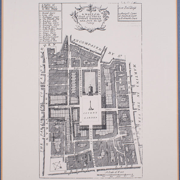 Vintage 18th Century Street Map, London, Covent Garden, The Strand, Cartography