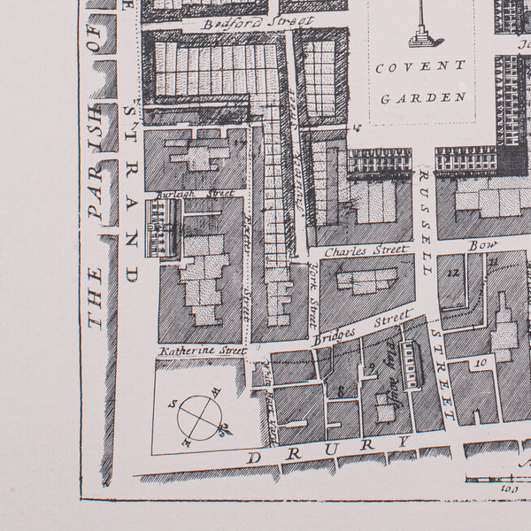 Vintage 18th Century Street Map, London, Covent Garden, The Strand, Cartography