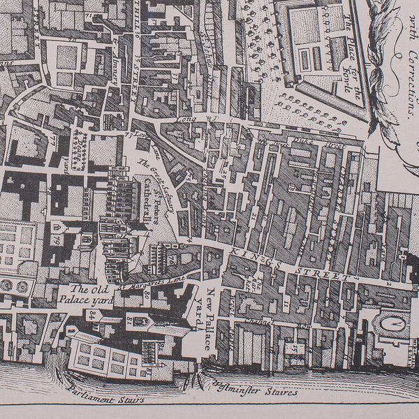Vintage 18th Century Street Map, London, Houses of Parliament, Westminster Abbey