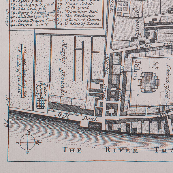 Vintage 18th Century Street Map, London, Houses of Parliament, Westminster Abbey