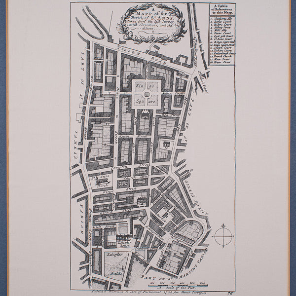 Vintage Framed 18th Century Street Map, London, West End, Soho, Leicester Square