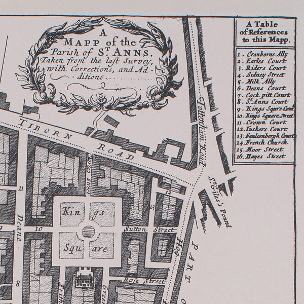Vintage Framed 18th Century Street Map, London, West End, Soho, Leicester Square