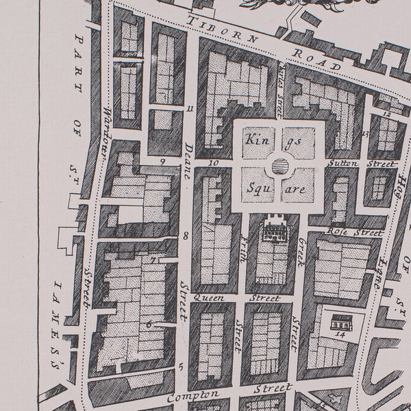 Vintage Framed 18th Century Street Map, London, West End, Soho, Leicester Square