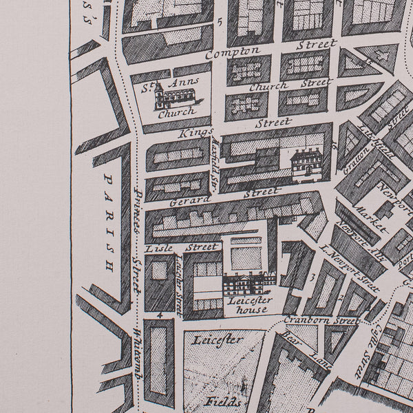 Vintage Framed 18th Century Street Map, London, West End, Soho, Leicester Square