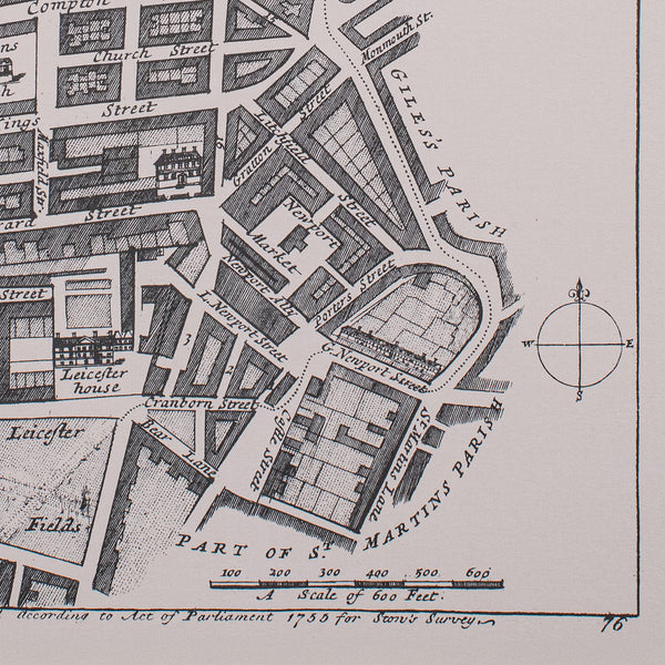 Vintage Framed 18th Century Street Map, London, West End, Soho, Leicester Square