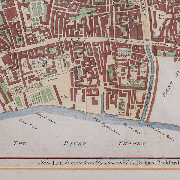 Antique London Street Map, Farringdon, English, Framed, Fleet Street, Georgian