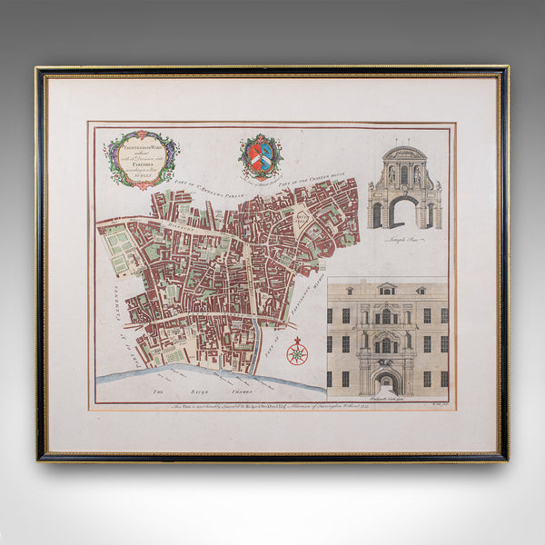 Antique London Street Map, Farringdon, English, Framed, Fleet Street, Georgian
