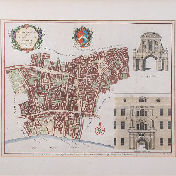 Antique London Street Map, Farringdon, English, Framed, Fleet Street, Georgian