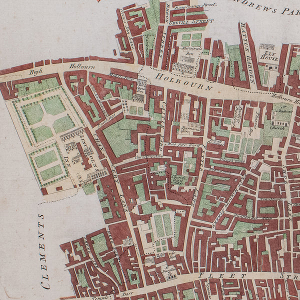 Antique London Street Map, Farringdon, English, Framed, Fleet Street, Georgian