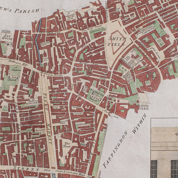 Antique London Street Map, Farringdon, English, Framed, Fleet Street, Georgian
