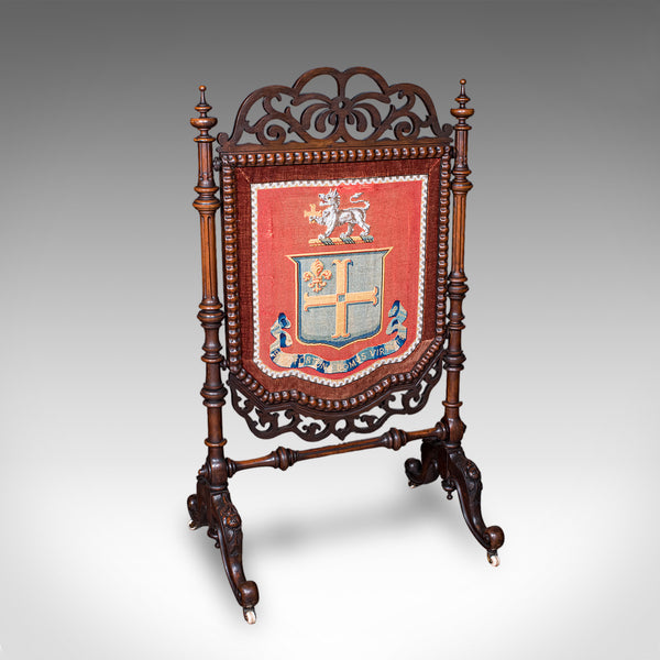 Antique Armorial Embroidered Panel Screen, Irish, Walnut, Needlepoint, Victorian