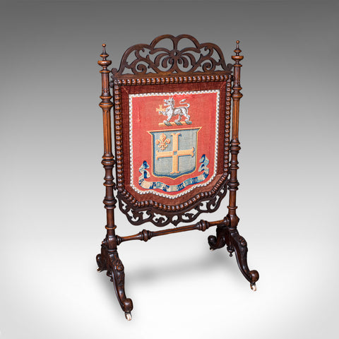 Antique Armorial Embroidered Panel Screen, Irish, Walnut, Needlepoint, Victorian