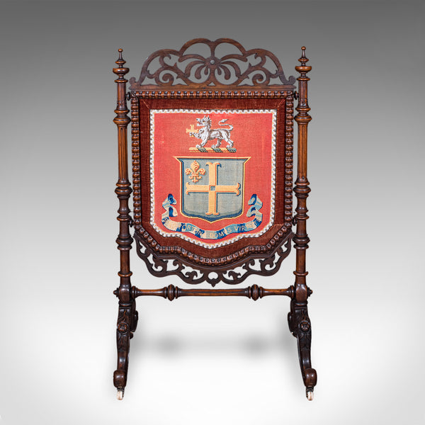 Antique Armorial Embroidered Panel Screen, Irish, Walnut, Needlepoint, Victorian