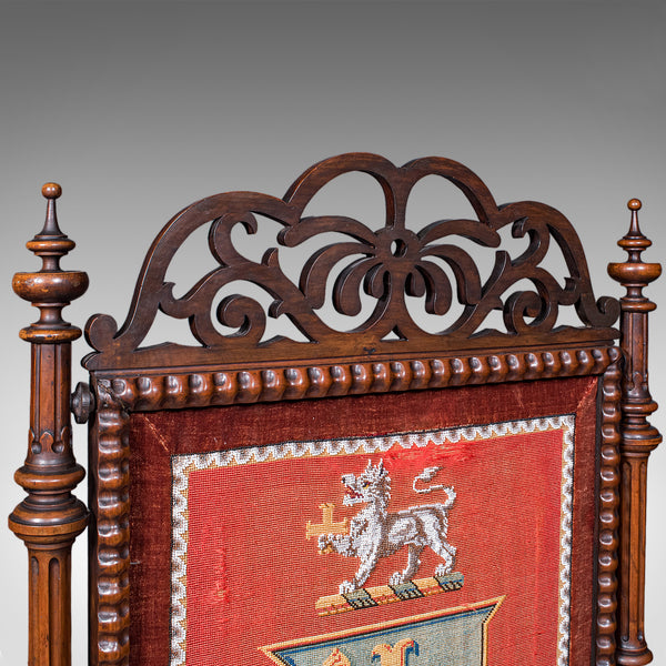 Antique Armorial Embroidered Panel Screen, Irish, Walnut, Needlepoint, Victorian