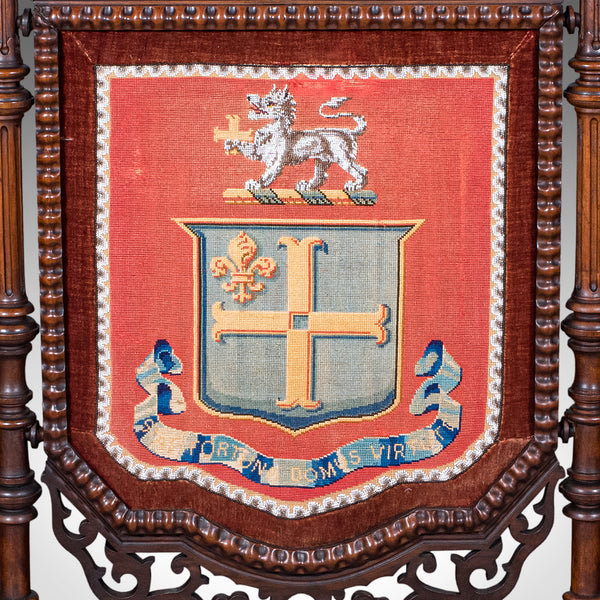 Antique Armorial Embroidered Panel Screen, Irish, Walnut, Needlepoint, Victorian