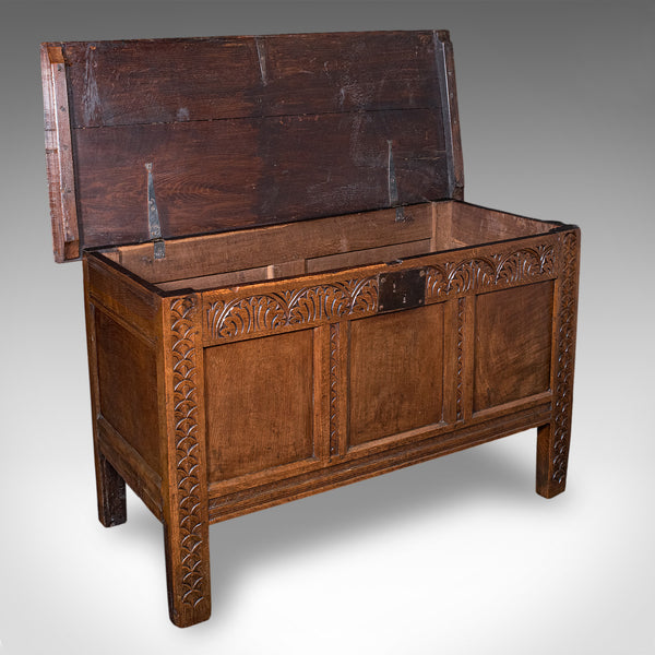 Antique Coffer, English, Oak, Linen Chest, Bay Window Seat, Early Georgian, 1720