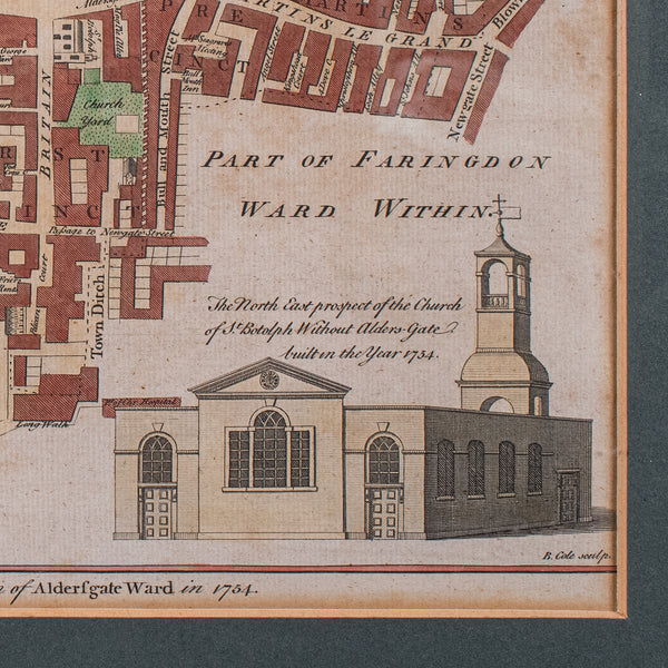 Antique London Street Map, Aldersgate, English, Framed, The Barbican, Georgian