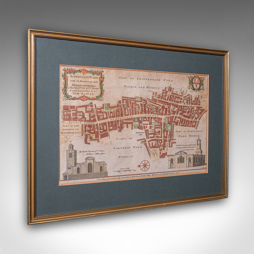 Antique London Street Map, Aldersgate, English, Framed, The Barbican, Georgian