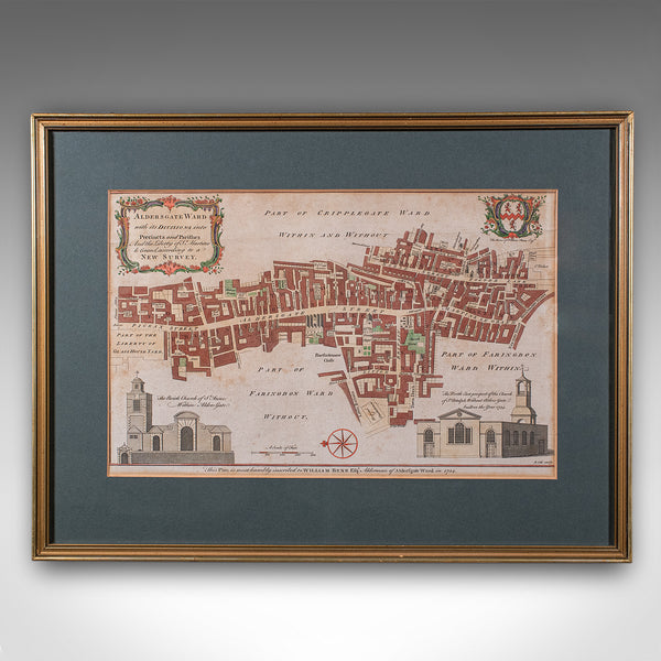 Antique London Street Map, Aldersgate, English, Framed, The Barbican, Georgian