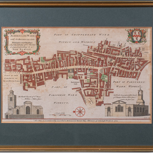 Antique London Street Map, Aldersgate, English, Framed, The Barbican, Georgian