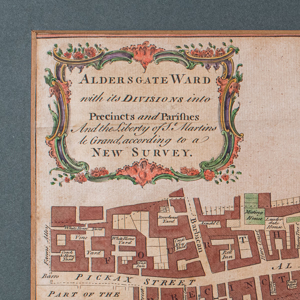 Antique London Street Map, Aldersgate, English, Framed, The Barbican, Georgian
