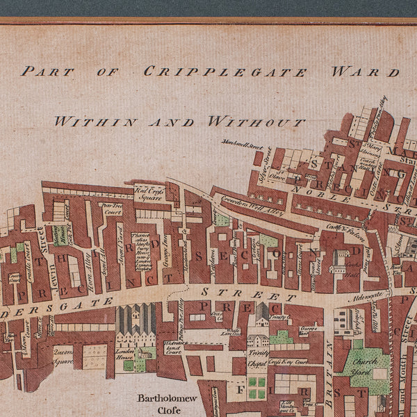 Antique London Street Map, Aldersgate, English, Framed, The Barbican, Georgian