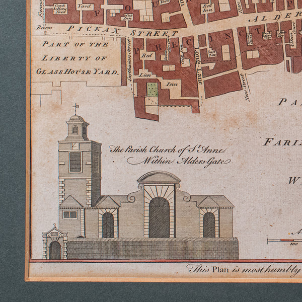 Antique London Street Map, Aldersgate, English, Framed, The Barbican, Georgian