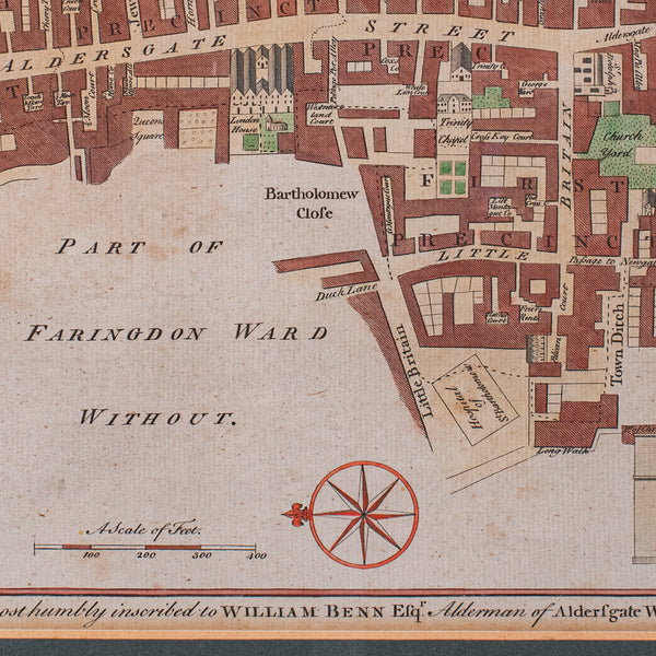 Antique London Street Map, Aldersgate, English, Framed, The Barbican, Georgian