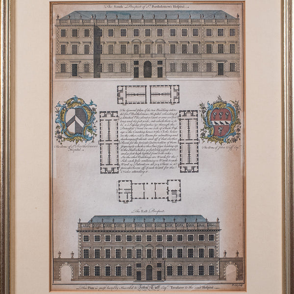 Antique St Bart's Hospital Engraving, English, Framed, Architectural, Georgian