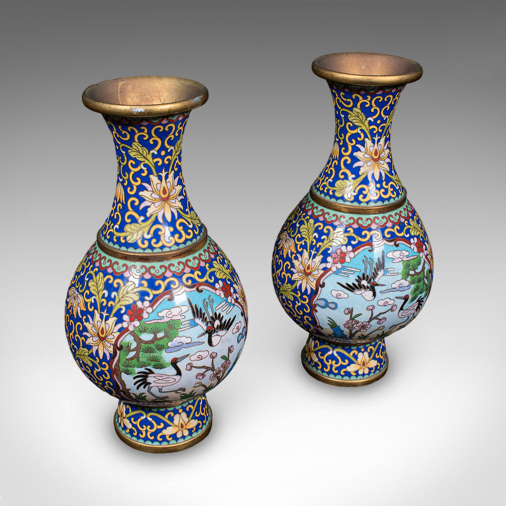 Pair of Vintage Baluster Form Vases, Oriental, Cloisonne, Posy Urn, Circa 1960