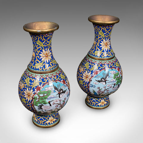Pair of Vintage Baluster Form Vases, Oriental, Cloisonne, Posy Urn, Circa 1960