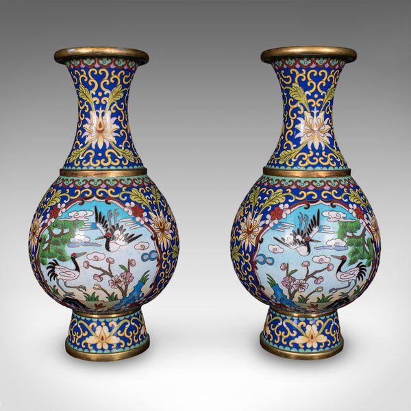 Pair of Vintage Baluster Form Vases, Oriental, Cloisonne, Posy Urn, Circa 1960