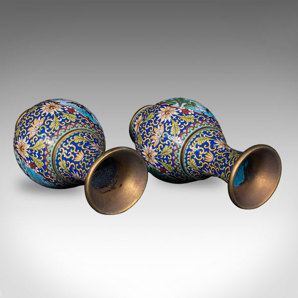 Pair of Vintage Baluster Form Vases, Oriental, Cloisonne, Posy Urn, Circa 1960