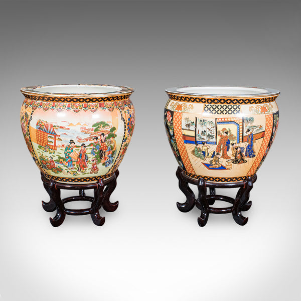 Vintage Planter on Stand Duo, Japanese, Ceramic Fishbowl Jardiniere, Art Deco