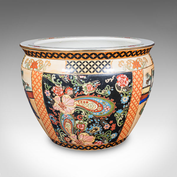 Vintage Planter on Stand Duo, Japanese, Ceramic Fishbowl Jardiniere, Art Deco