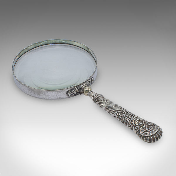 Antique Reader's Magnifying Glass, English, Silver Plate, Library Aid, Victorian