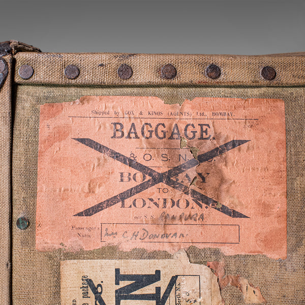 Antique Travel Trunk, English Canvas Case, Military Sporting Interest, Edwardian