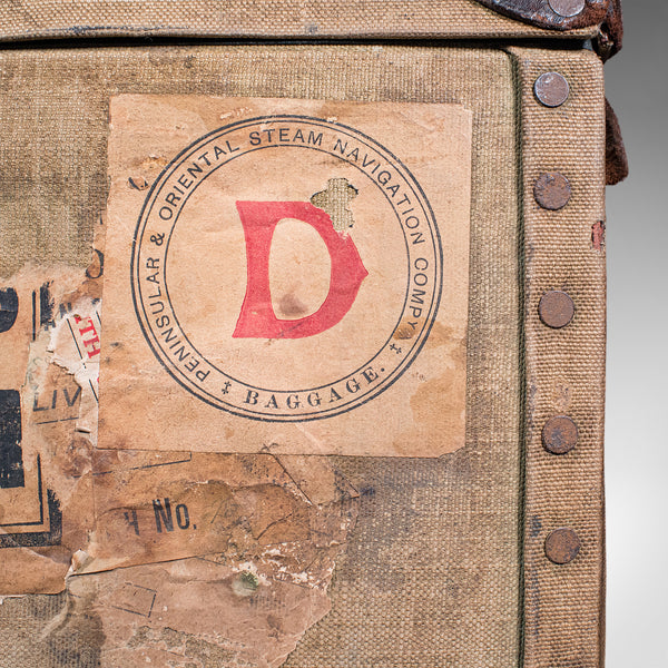 Antique Travel Trunk, English Canvas Case, Military Sporting Interest, Edwardian