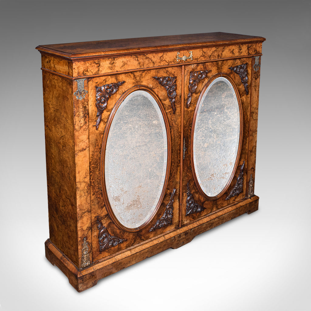 Antique Morning Room Book Cabinet, English Walnut Mirror Front Bookcase, Regency