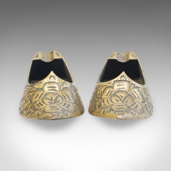 Pair of Small Vintage Slipper Ashtrays, Indian Brass Cigarette Rest, Mid Century