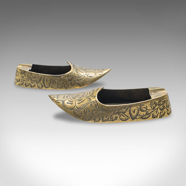 Pair of Small Vintage Slipper Ashtrays, Indian Brass Cigarette Rest, Mid Century