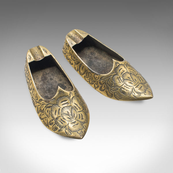 Pair of Small Vintage Slipper Ashtrays, Indian Brass Cigarette Rest, Mid Century