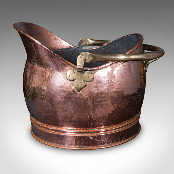 Antique Hand Finished Coal Scuttle, English, Copper, Brass, Fireside, Victorian