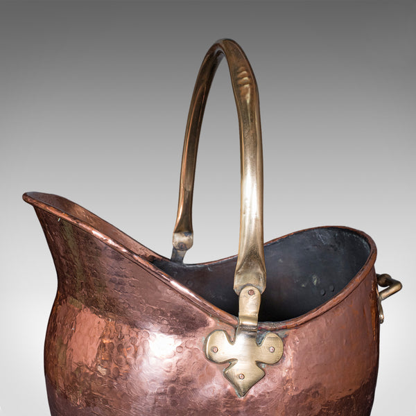 Antique Hand Finished Coal Scuttle, English, Copper, Brass, Fireside, Victorian
