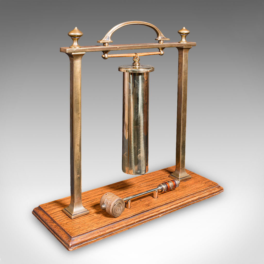 Antique Veranda Supper Bell, Brass, Oak, Afternoon Tea Gong, Edwardian, C.1910